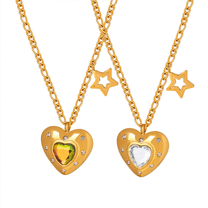 Elegant Shiny Star Heart Shape Stainless Steel Plating Inlay Glass Stone 18K Gold Plated Pendant Necklace