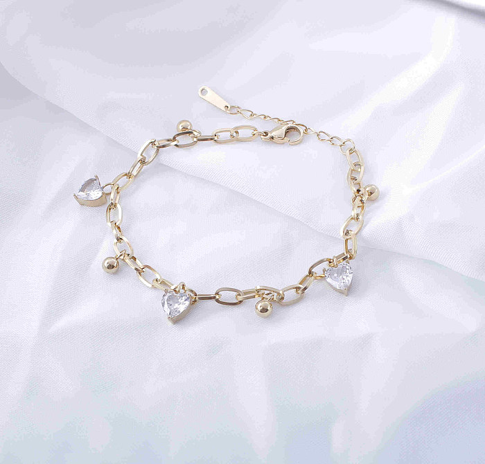 Retro Classic Style Round Heart Shape Titanium Steel Plating Hollow Out Inlay Zircon Gold Plated Bracelets