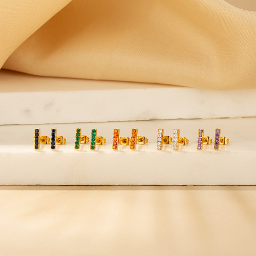 1 Paar Ohrstecker im einfachen Stil mit runder Beschichtung und Inlay aus Edelstahl, Edelstahl, Zirkon, vergoldet