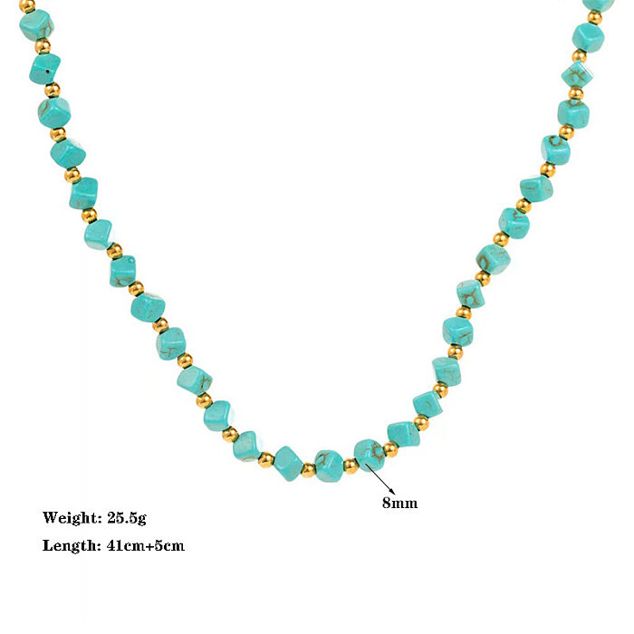 Casual Retro Round Square Oval Turquoise Stainless Steel Beaded Plating Necklace