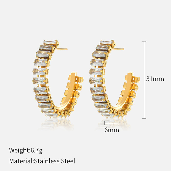 Retro C Shape Stainless Steel  Inlay Rhinestones Earrings 1 Pair