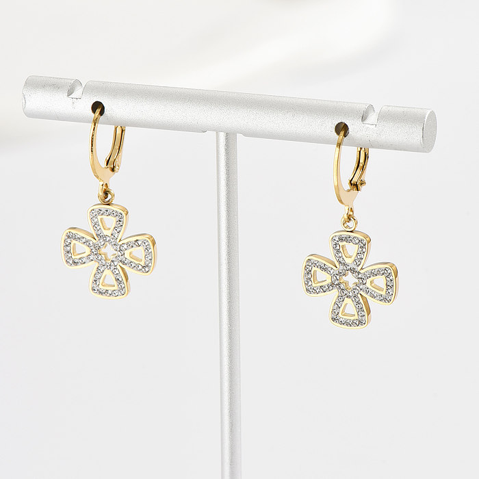 Boucles d'oreilles en forme de fleur de Style français, 1 paire, placage en acier inoxydable, incrustation creuse, strass artificiels, plaqué or 14K