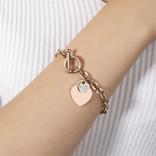 Casual Estilo simple Forma de corazón Acero inoxidable Acero titanio Pulido Revestimiento Incrustaciones Diamante Chapado en oro rosa Pulseras chapadas en oro