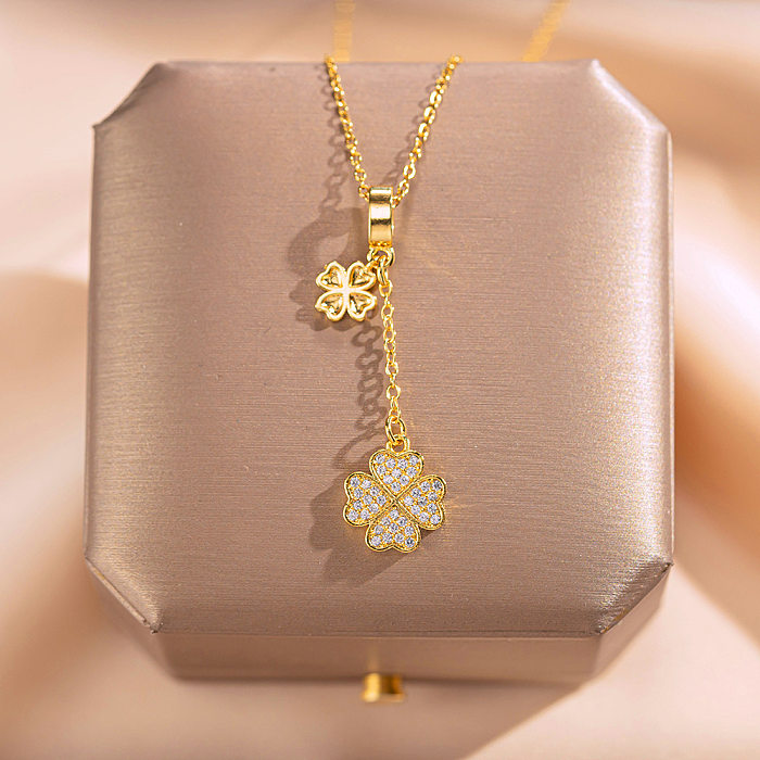 Cute Sweet Rabbit Letter Flower Stainless Steel Copper Enamel Plating Inlay Zircon Pendant Necklace