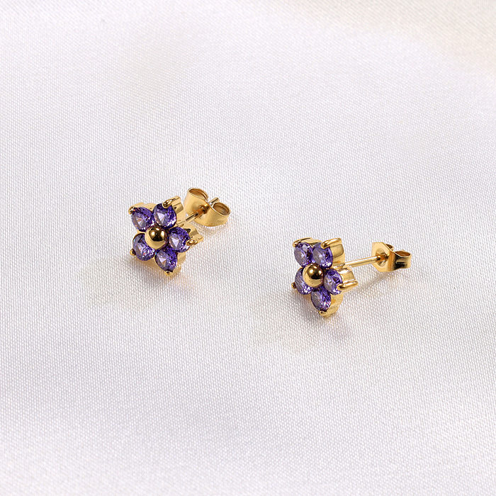 1 par de pendientes de diamantes de imitación de acero inoxidable con incrustaciones de flores de estilo Simple