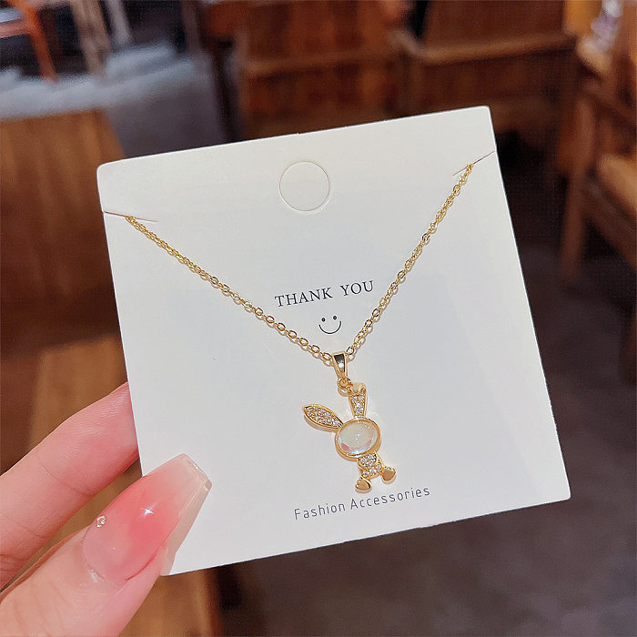 Sweet Rabbit Stainless Steel Plating Inlay Zircon Gold Plated Pendant Necklace