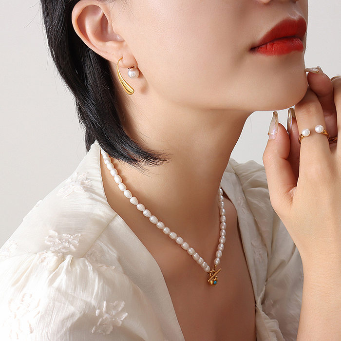 Modische C-förmige Edelstahl-Ohrringe mit Inlay, künstlichen Perlen, Edelstahl-Ohrringe, 1 Paar