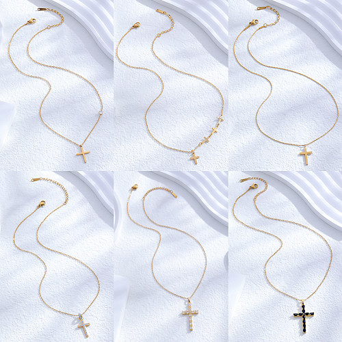 Einfache Retro-Stil-Kreuz-Anhänger-Halskette mit Edelstahl-Beschichtung, Inlay-Zirkon, 24 Karat vergoldet