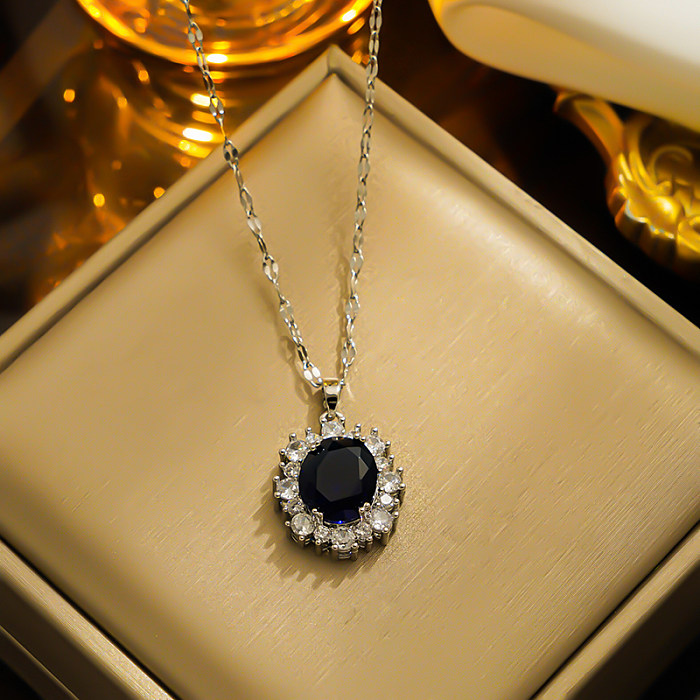 Shiny Oval Stainless Steel  Inlay Zircon Pendant Necklace