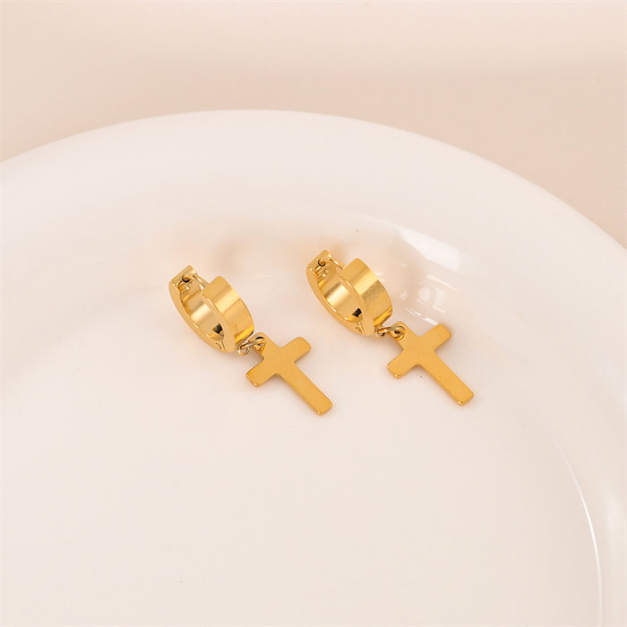 1 Pair Simple Style Cross Round Plating Stainless Steel  18K Gold Plated Earrings