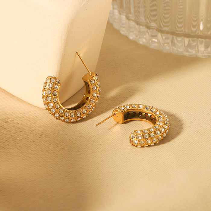 1 par de brincos de argola banhados a ouro 18K estilo simples cor sólida chapeamento incrustado de strass de aço inoxidável