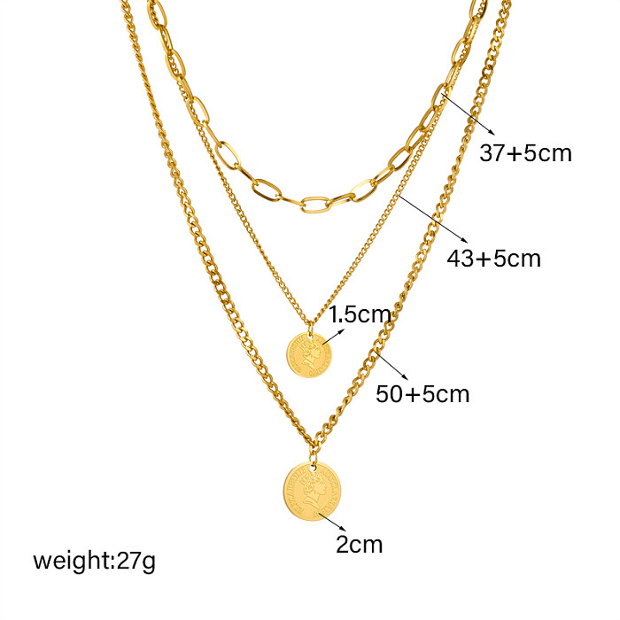 Vintage Style Solid Color Stainless Steel Layered Plating 18K Gold Plated Necklace