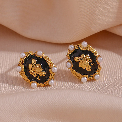 1 Pair Vintage Style French Style Portrait Stainless Steel  Enamel Plating Inlay Artificial Pearls 18K Gold Plated Ear Studs