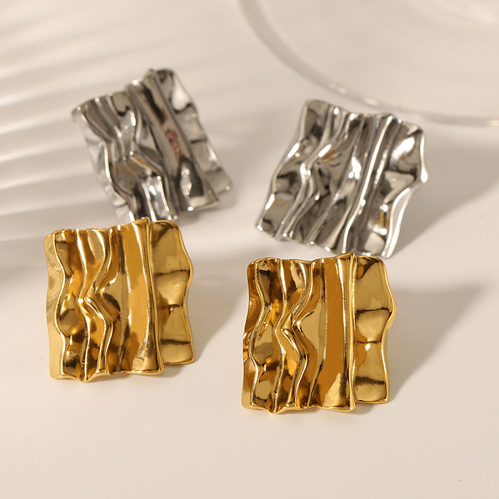 1 paire de clous d'oreilles plissés en acier inoxydable plaqué or 18 carats, Style Simple, couleur unie