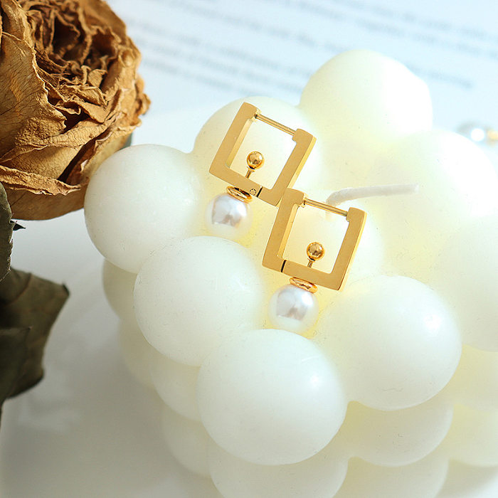 Pendientes colgantes cuadrados de acero inoxidable de estilo francés con incrustaciones de perlas artificiales Pendientes de acero inoxidable