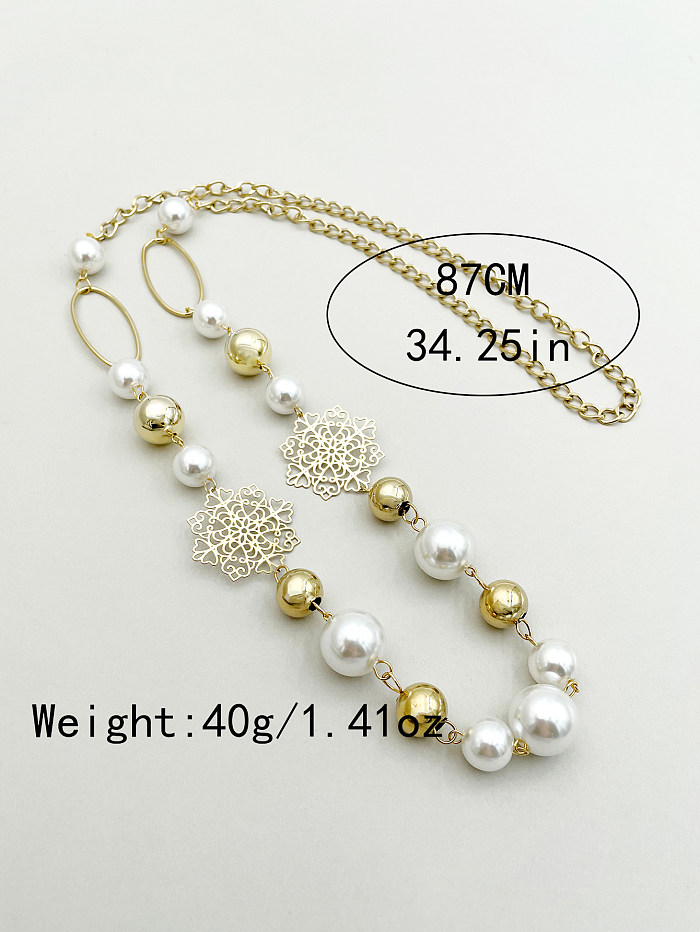 Streetwear Flower Stainless Steel  Beaded Plating Hollow Out Artificial Pearls Gold Plated Long Necklace