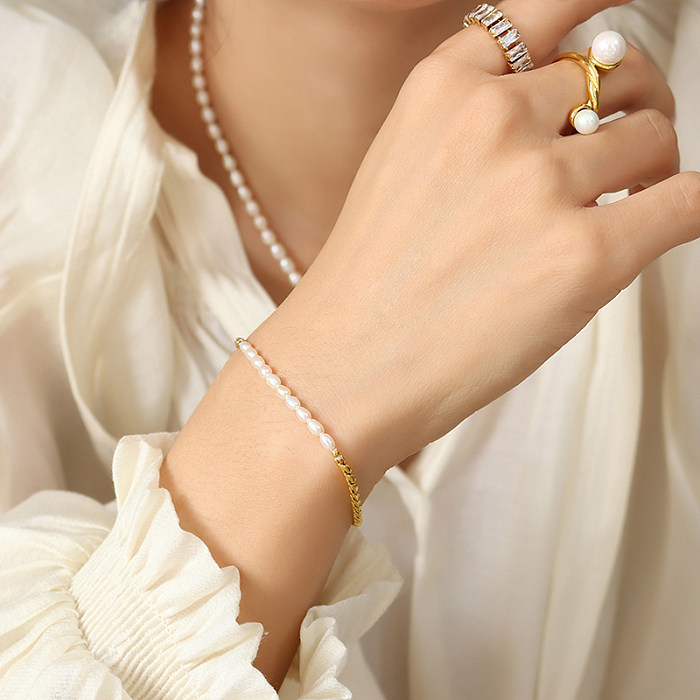Classic Style Geometric Titanium Steel Patchwork Gold Plated Pearl Bracelets 1 Piece