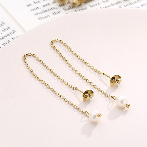 1 Pair Modern Style Simple Style Solid Color Chain Pearl Stainless Steel  Drop Earrings