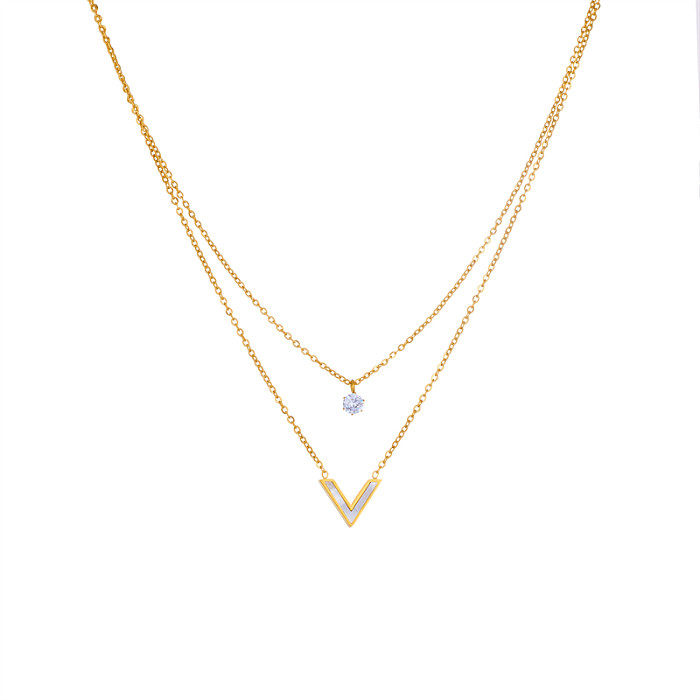 Schlichter Stil, V-förmig, Edelstahl-Inlay, Muschel-Zirkon, 18 Karat vergoldet, mehrschichtige Halsketten