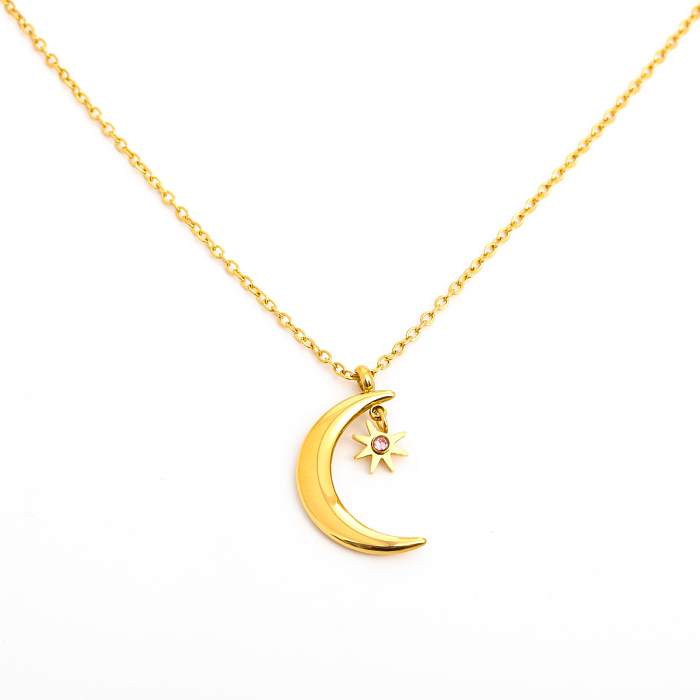 Collier pendentif rétro étoile lune en acier inoxydable Zircon en vrac