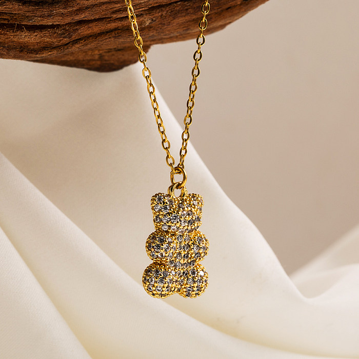 Cute Little Bear Stainless Steel  Copper Zircon 18K Gold Plated Necklace Pendant