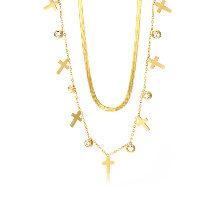 Hip-Hop Cross Stainless Steel  Plating Inlay Rhinestones 18K Gold Plated Necklace