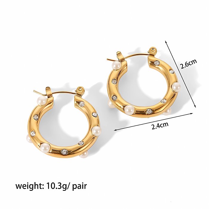1 Pair Casual Circle Round Polishing Plating Inlay Stainless Steel  Artificial Pearls 18K Gold Plated Earrings