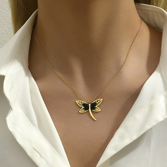 Modern Style Korean Style Dragonfly Stainless Steel  Plating Hollow Out Inlay Rhinestones Glass 18K Gold Plated Pendant Necklace
