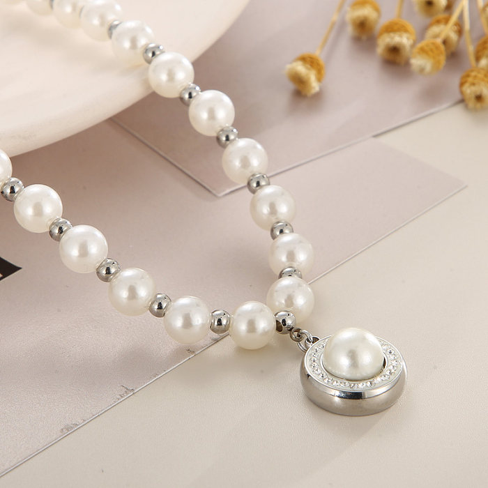 1 Piece Retro Round Stainless Steel  Imitation Pearl Plating Inlay Artificial Diamond Pendant Necklace