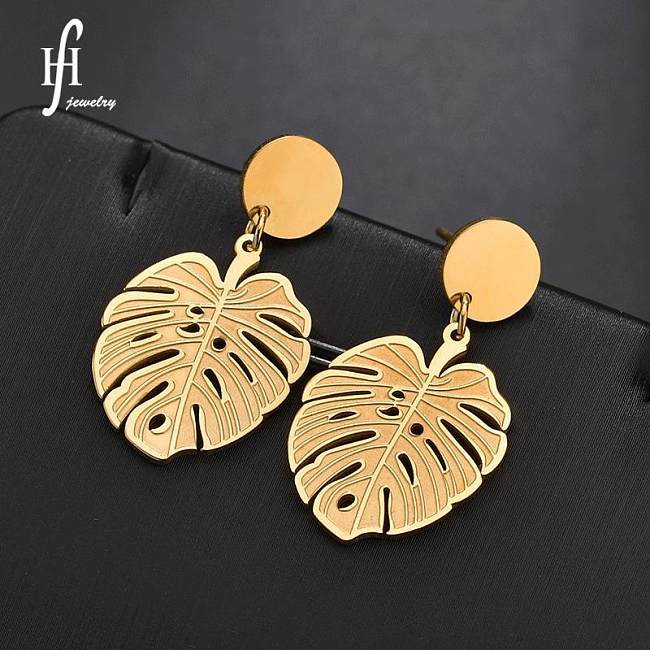 Boucles d'oreilles feuille acier inoxydable doré femme bohème