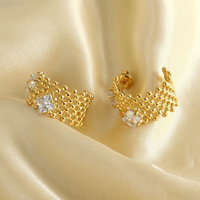 Brincos femininos geométricos de aço inoxidável banhados a ouro com strass 1 par