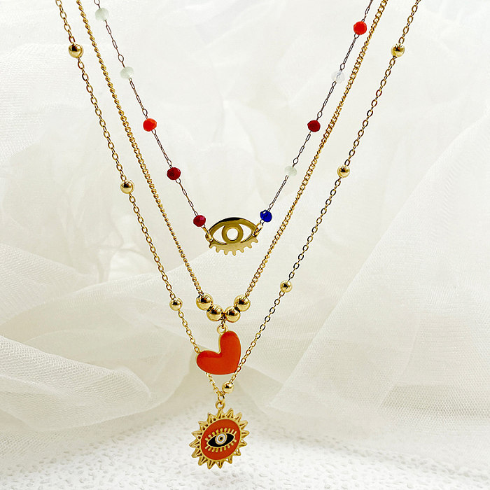 Elegant Vintage Style Artistic Sun Heart Shape Eye Stainless Steel  Layered Enamel Plating Gold Plated Layered Necklaces