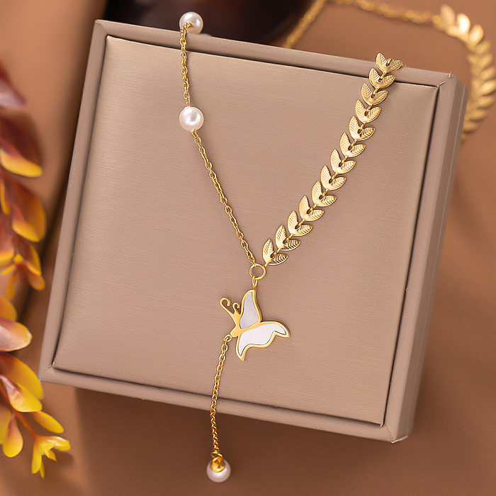 Simple Style Heart Shape Imitation Pearl Stainless Steel Beaded Plating Pendant Necklace