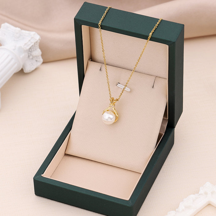Collier pendentif plaqué or 18 carats avec incrustation de perles artificielles en acier inoxydable, Style Simple et élégant