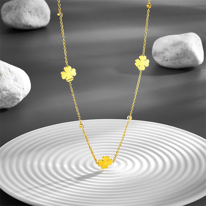 IG Style Simple Style Four Leaf Clover Stainless Steel  Plating Inlay Zircon 18K Gold Plated Necklace