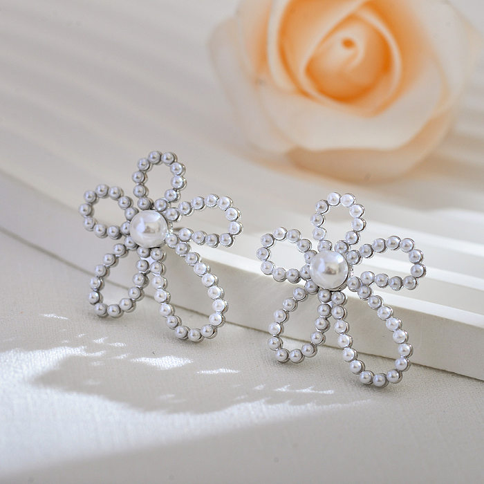 1 paire de clous d'oreilles en perles d'acier inoxydable, incrustation de fleurs de Style coréen pour femmes