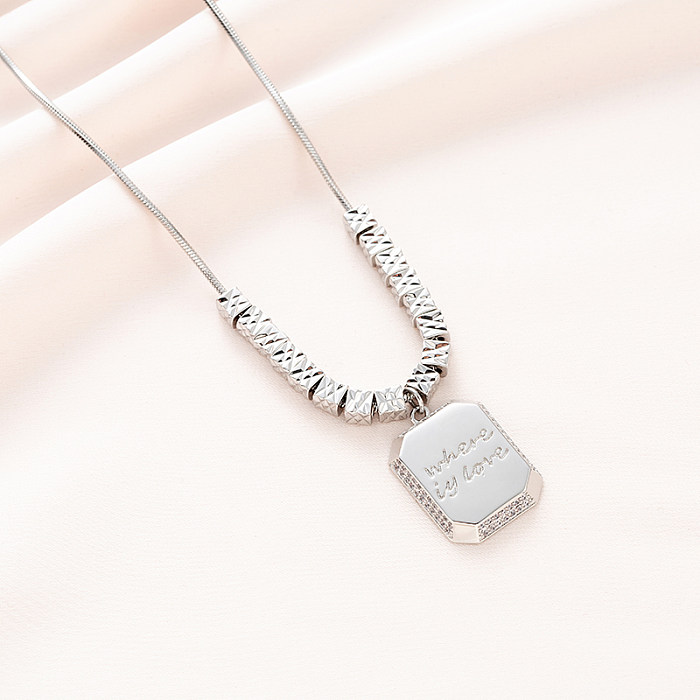 Hip-Hop Rectangle Stainless Steel  Plating Inlay Zircon White Gold Plated Pendant Necklace
