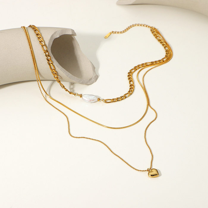 Dreilagige Herz-Anhänger-Perlen-Herz-Halskette aus Edelstahl