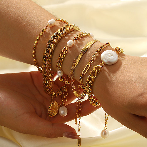 Bracelets de perles d'eau douce plaqués or 18 carats, Style Vintage Hip-Hop, couleur unie, en acier inoxydable, en vrac