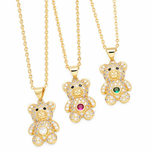 Cute Sweet Little Bear Stainless Steel  Copper Plating Inlay Zircon 18K Gold Plated Pendant Necklace Long Necklace