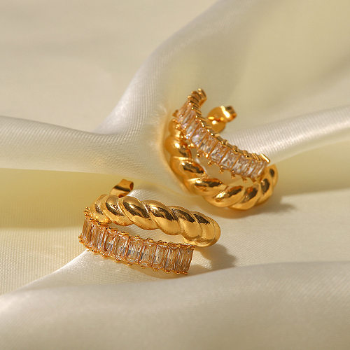 Glamouröse geometrische Edelstahl-Ohrringe mit vergoldetem Zirkon, 1 Paar