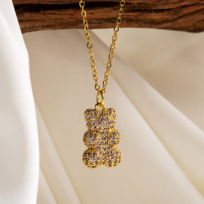 Niedlicher kleiner Bär-Halskettenanhänger aus Edelstahl, Kupfer, Zirkon, 18 Karat vergoldet