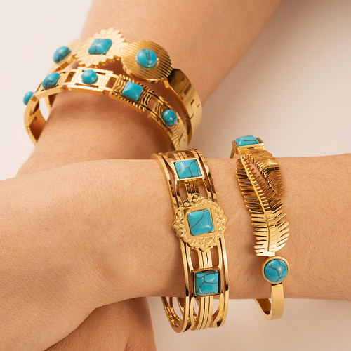 Bracelet Turquoise avec Incrustation de Feuilles à la Mode en Acier Inoxydable 1 Pièce
