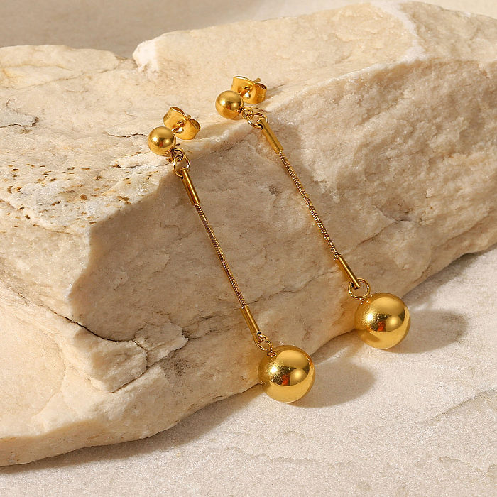 Boucles d'oreilles en acier inoxydable, longues et petites boules dorées, à la mode, en or 18 carats
