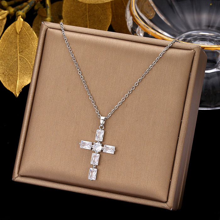 Retro Simple Style Cross Stainless Steel  Plating Inlay Zircon Pendant Necklace