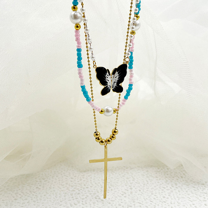 Elegant Vintage Style Artistic Cross Butterfly Stainless Steel  Beaded Enamel Plating Gold Plated Three Layer Necklace
