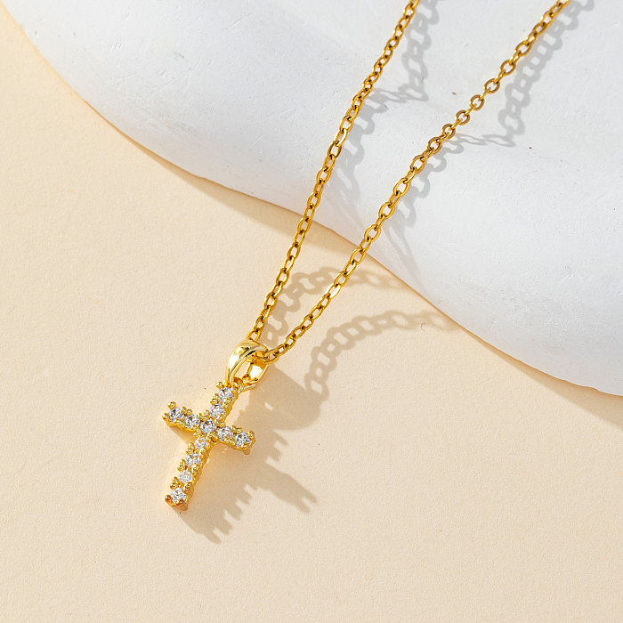 Collier pendentif élégant et luxueux avec croix en acier inoxydable, incrustation de Zircon plaqué or et argent