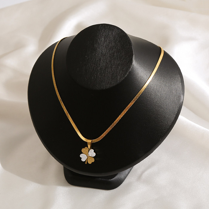 Simple Style Four Leaf Clover Round Stainless Steel Plating Inlay Zircon Gold Plated Pendant Necklace