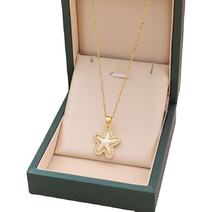 Fashion Starfish Stainless Steel Inlay Artificial Pearls Rhinestones Pendant Necklace