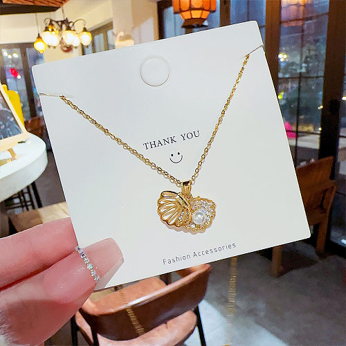 Vacation Shell Imitation Pearl Stainless Steel Plating Inlay Zircon Gold Plated Pendant Necklace
